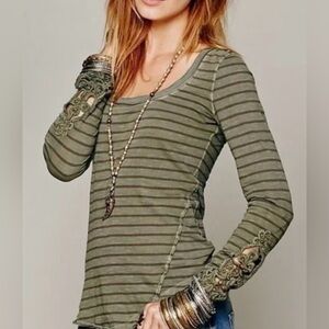 Free People Hard Candy Olive Green Striped Cotton Long Sleeve - Size XS
